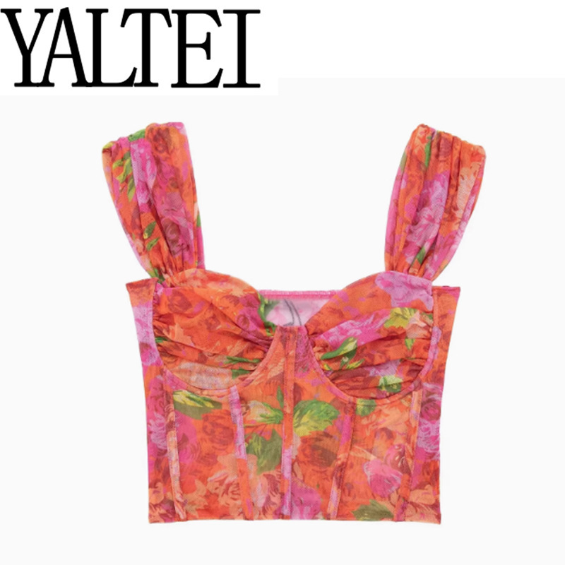 Silk Mesh Corset Top Women's PROVENCE Homemade European and American Style French Casual Printed Sexy Vest Sling