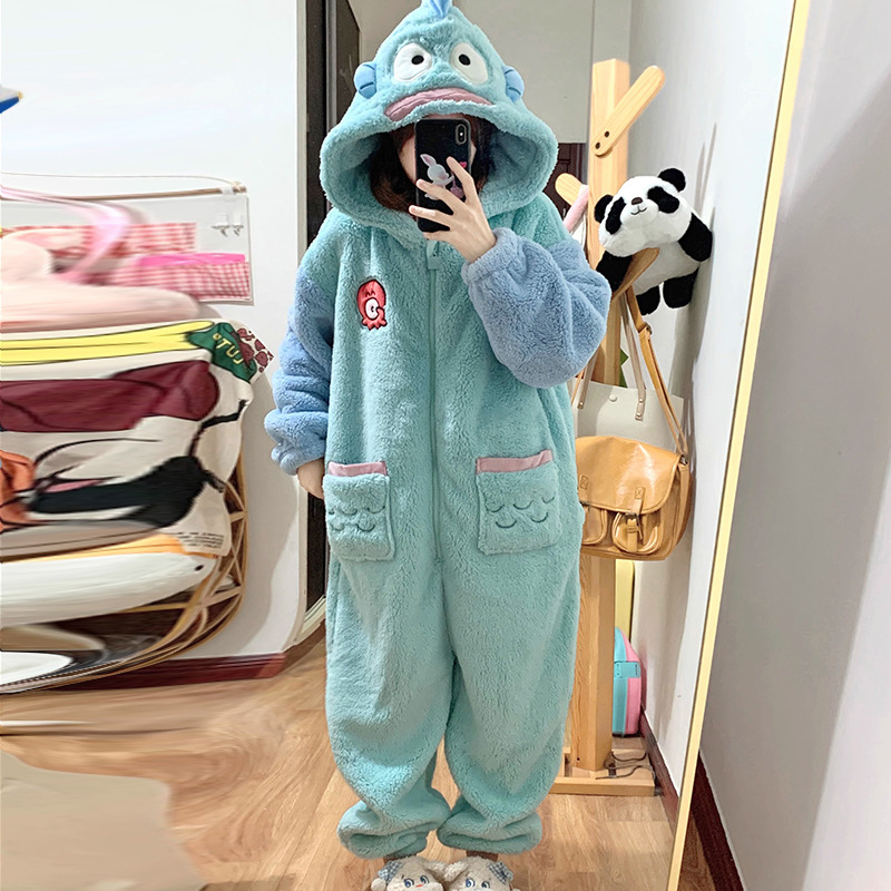 新款春秋季可爱小丑鱼珊瑚绒连体睡衣女加绒加厚冬季家居服可外穿|undefined