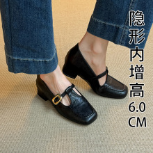 内增高~复古高跟方头玛丽珍小皮鞋一字扣带法式浅口软底真皮单鞋