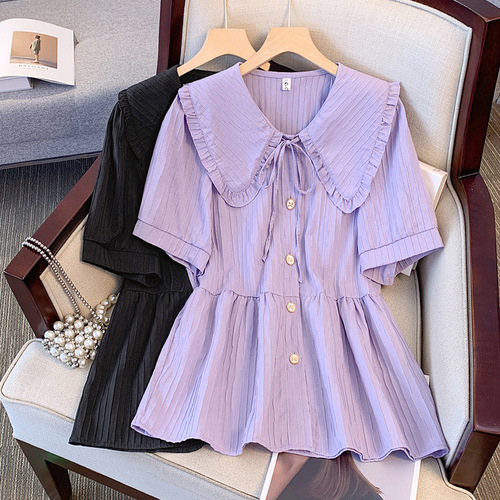 Sweet Style Band Collar Slimming Women's Summer Plus Size Fat MM French Design Stunning Temperament Fitting Top