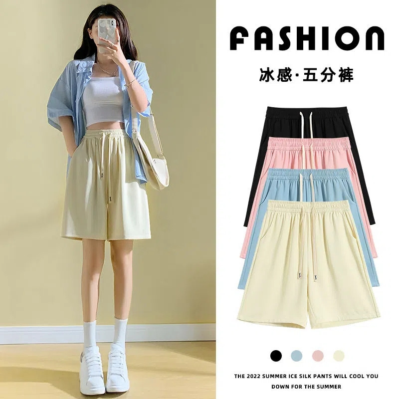 Ice Silk Ribbed Sports Shorts for Women, Summer Thin Style, Loose Fit, High-Waisted, Petite, Suit-Length Shorts, Trendy Ins