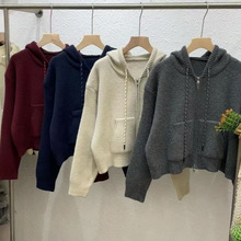时尚慵懒风连帽针织开衫毛衣女秋冬季新款宽松短款休闲外套上衣