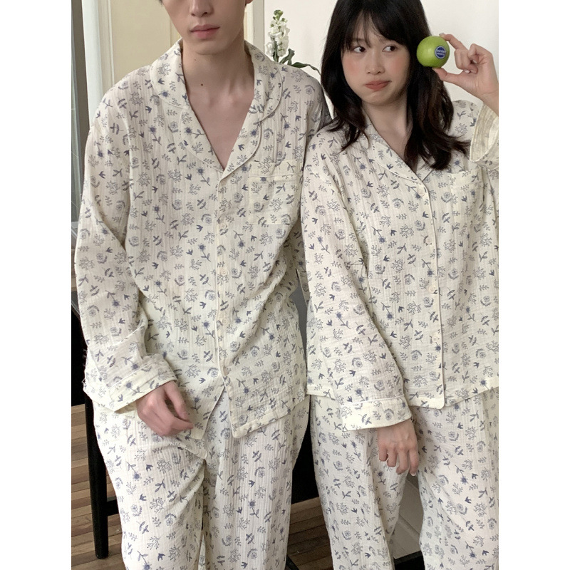 Real Shot of 2026 Spring Korean Designer Printed Double-Layer Cotton Gauze Home Wear Pajama Set Wholesale for Export