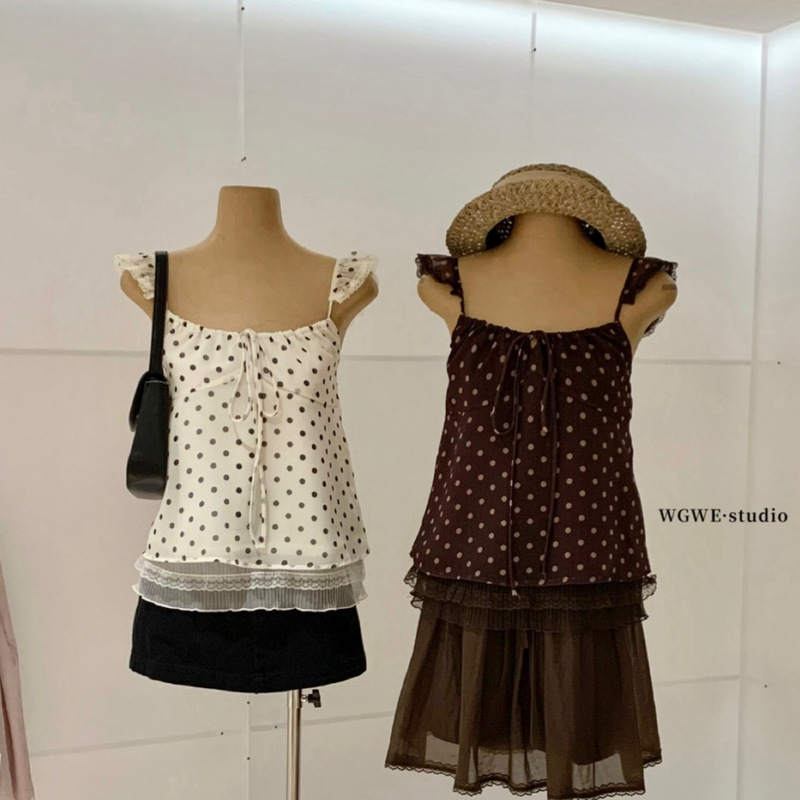 Wgwe9921 Guangzhou Shisanxing Women's Clothing 2026 Summer New Style One-Shoulder Polka Dot Lace Camisole Top