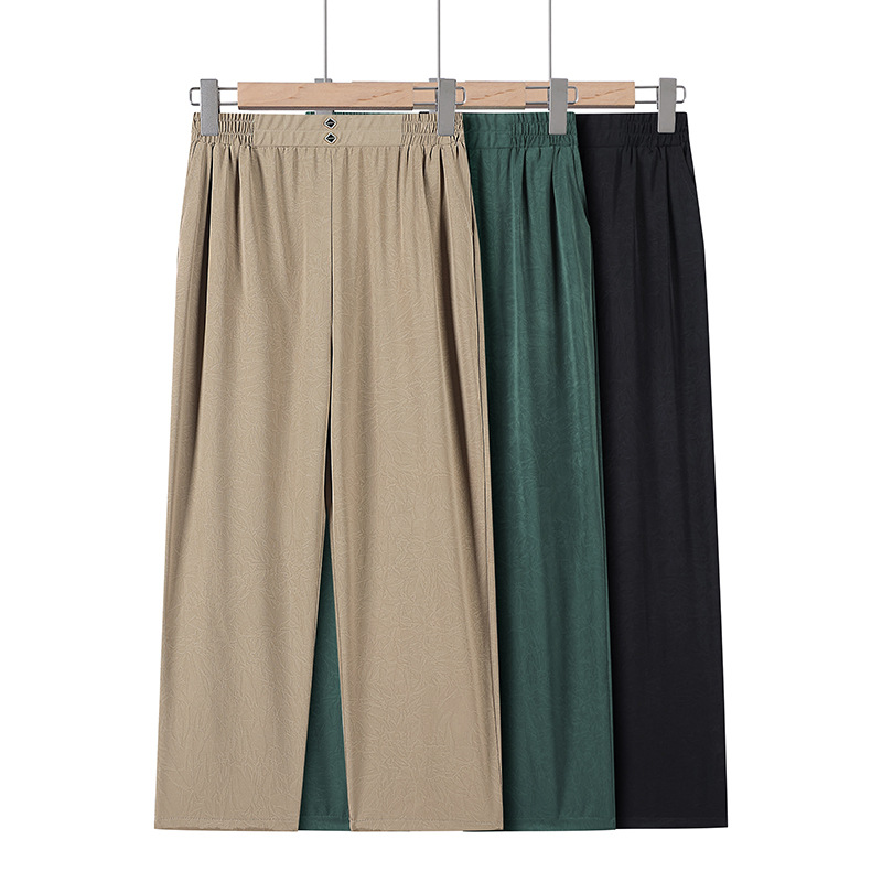 Middle-aged and elderly summer wear thin new silk-like cropped straight pants women's mother's elastic waist high waist solid color loose pants