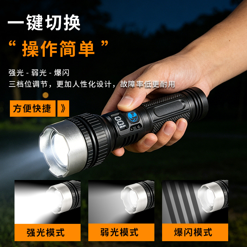 Nueva linterna súper brillante y brillante transfronteriza zoom LED láser blanco linterna portátil de emergencia de carga de pantalla eléctrica doméstica