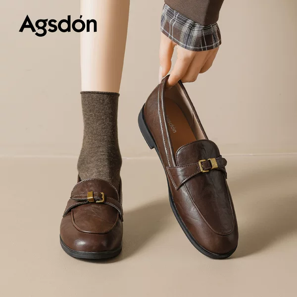 Augu Shiden Retro Style Loafers for Women 2026 New Brown British Style Slip-On Commuting Shoes