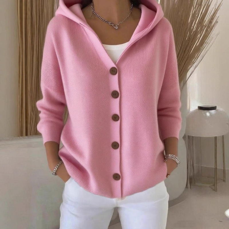 2025 European and American Button Knitted Hooded Sweater Cardigan Jacket Autumn and Winter New Cross-Border Pure Color Casual Fashion Women's Clothing 2025 European and American Button Knitted Hooded Sweater Cardigan Jacket Autumn and Winter New Cross-Border Pure Color Casual Fashion Women's Clothing