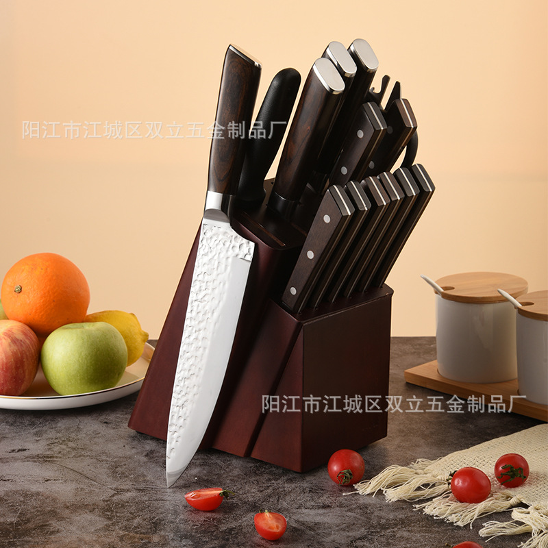 Patrón de martillo de acero inoxidable cuchillo de cocina Juego de 15 piezas patrón de martillo hecho a mano forjado mango de madera de color cuchillo de cocina traje doméstico