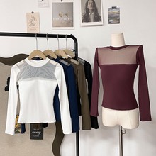 秋冬圆领网纱拼接设计高级感长袖正肩t恤女内搭打底衫可外穿上衣