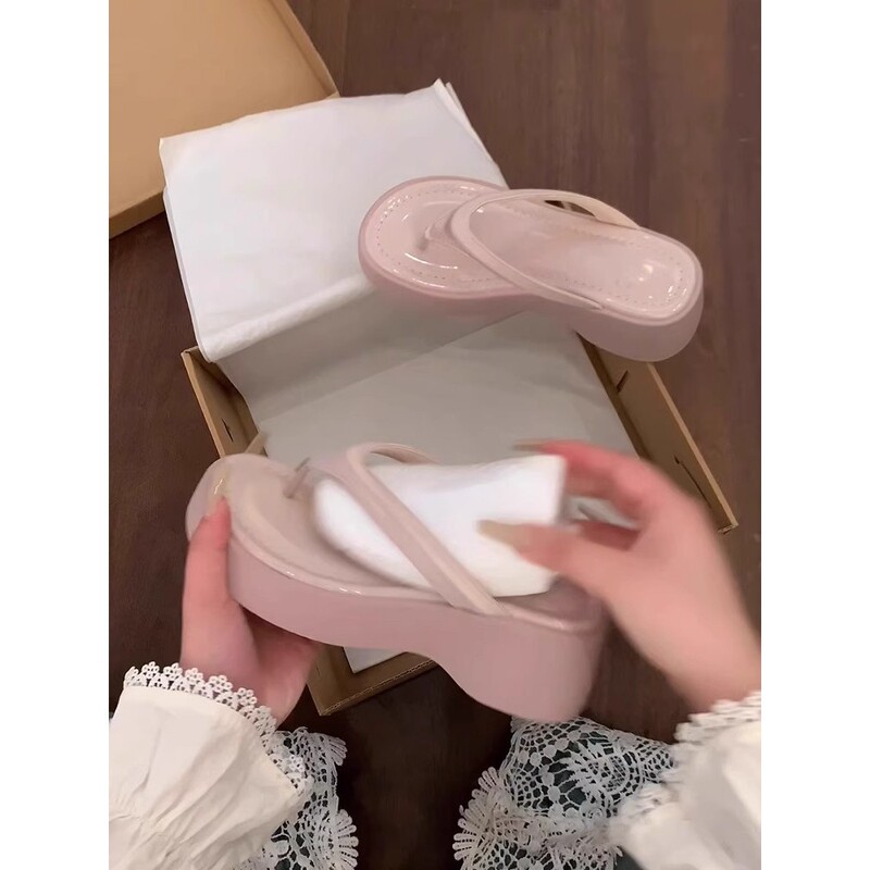 Women's Summer Flip-Flops with Thick Soles for Height Increase, 2025 New Trendy Versatile Square-Toe Thong Beach Sandals