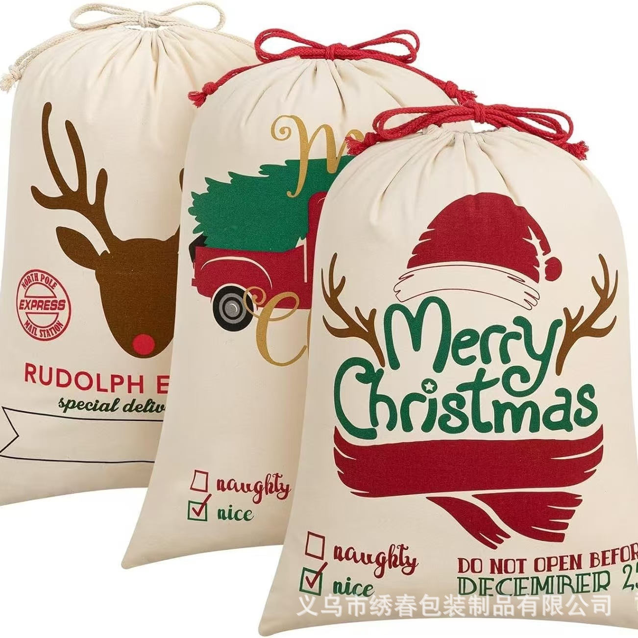 跨境热卖圣诞小鹿大号纯棉帆布袋儿童礼品包装袋节日派对糖果袋子