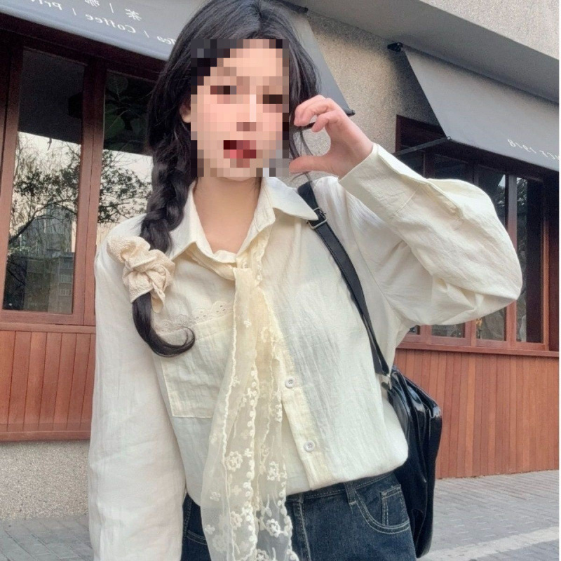 Chic and Elegant Long-Sleeved Shirt for Women with a Unique Design, Paired with a Lace Scarf, Can Be Worn as an Inner Layer or Outerwear, a Stylish Top Chic and Elegant Long-Sleeved Shirt for Women with a Unique Design, Paired with a Lace Scarf, Can Be Worn as an Inner Layer or Outerwear, a Stylish Top