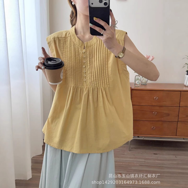 2026 Summer New Arrivals: Fresh and Simple Solid Color Round Neck Single-Breasted Pleated Sleeveless Shirt for Women 2026 Summer New Arrivals: Fresh and Simple Solid Color Round Neck Single-Breasted Pleated Sleeveless Shirt for Women