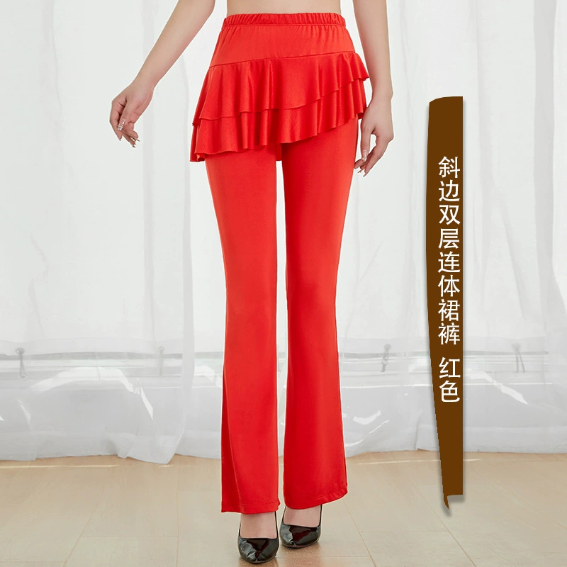 Dance Pants Plaza Latin Dance Skirt-Pants, Ruffled Overlay & Flared Leg, Sizes M–4XL