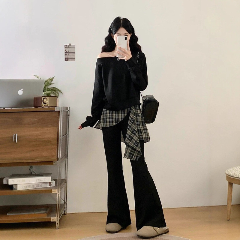 大码女秋季新款胖mm法式洋气减龄露肩卫衣格子拼接微喇裤两件套装|undefined