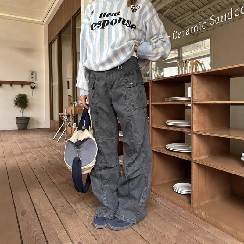 American Retro Washed Vintage Multi-Pocket Straight Cargo Pants Unisex Street Loose Casual Jeans Trendy