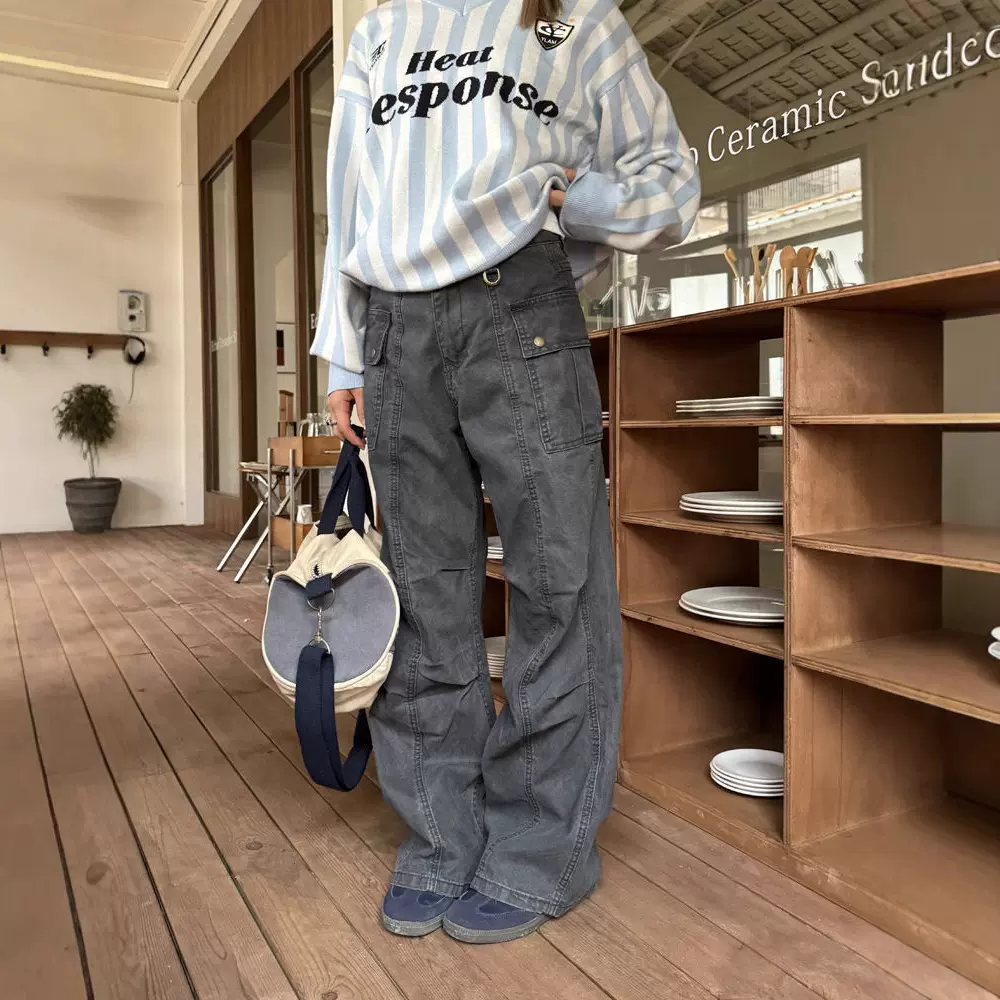 美式复古水洗做旧多口袋直筒工装裤男女街头宽松街头休闲牛仔裤潮