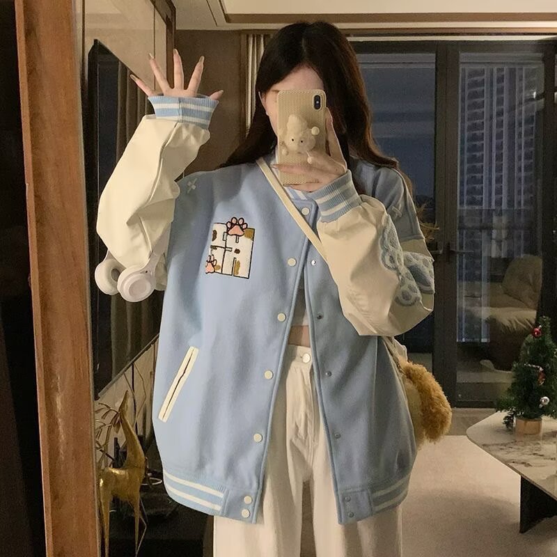 美式潮牌刺绣猫爪宽松棒球服外套女春季2025年新款撞色学院风夹克|undefined