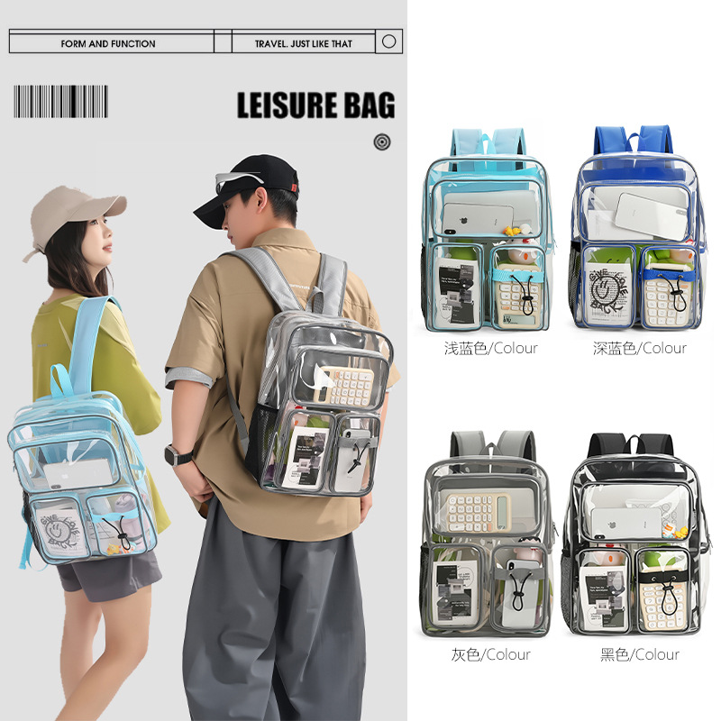 Cross-Border Fashion Trendy Pvc Transparent Backpack Student Schoolbag Large Capacity Multi-Pocket Youth Backpack