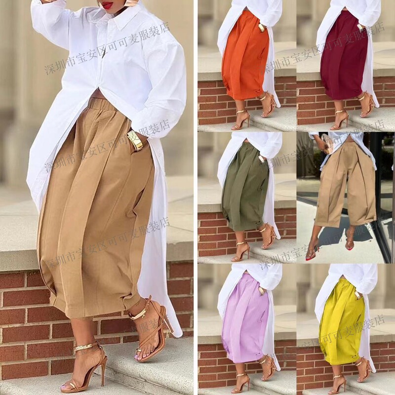 Cross-border Europe and the United States Amazon foreign trade new solid color loose comfortable casual elastic waist thin cropped wide leg pants women