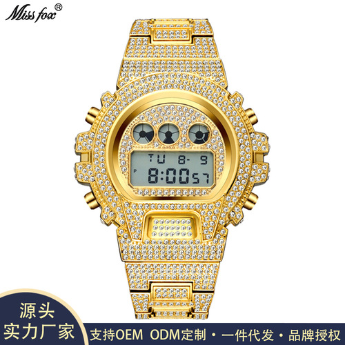 MISSFOX Japanese diamond-encrusted multifunctional fashion electronic watch, high-end diamond-encrusted waterproof men's watch factory direct sale