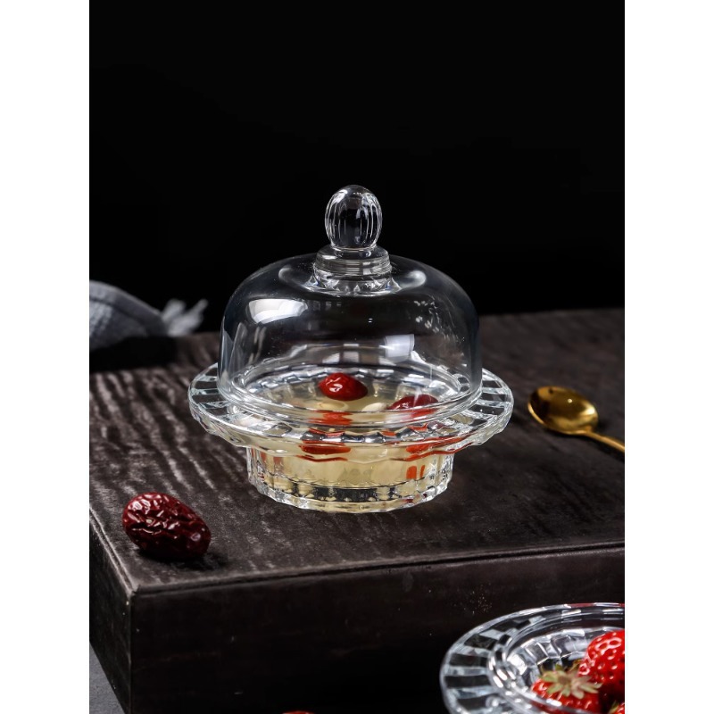 Tazón de postre de vidrio con tapa Tazón de nido de pájaro transparente Aperitivos de frutas Taza de dulces Pera de otoño Hongo blanco Taza de sopa pequeña Vajilla