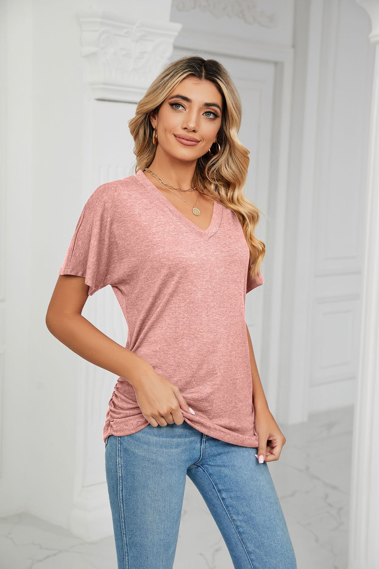 Summer Casual Pullover V Neck Solid Color Loose T Shirt Women Top