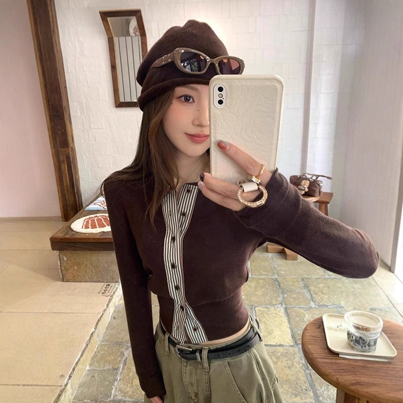 Korean-Style Coffee-Colored Faux Two-Piece Cardigan T-Shirt for Women, Autumn Season, Elegant and Slimming, Flattering for Petite Figures, Long-Sleeve Top, Trendy