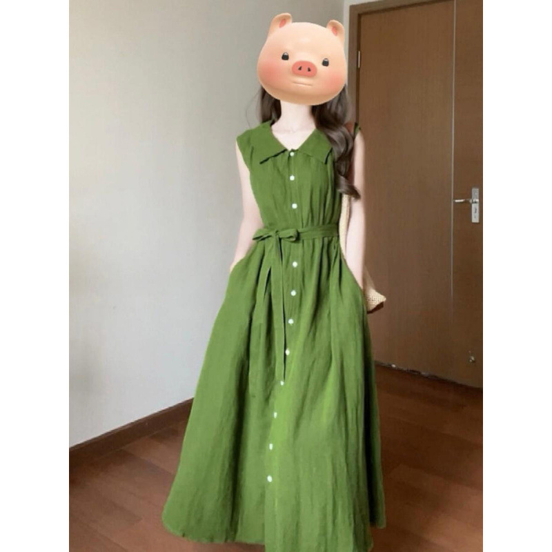 Green Lapel Sleeveless Dress for Women, Summer Single-Breasted Long Dress, New Style High-End Green Dress Green Lapel Sleeveless Dress for Women, Summer Single-Breasted Long Dress, New Style High-End Green Dress