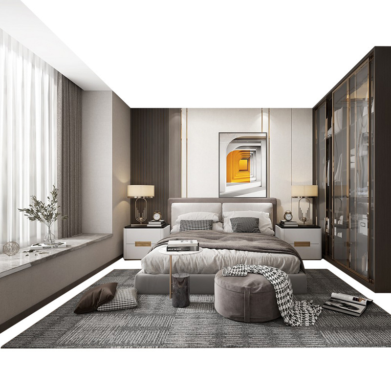 Foshan fábrica de muebles dormitorio lujo ligero puerta de vidrio armario armario armario combinación de dormitorio casero armario