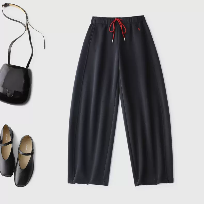 高级立体剪裁弯刀运动休闲卫裤加厚绒宽松阔腿裤撞色腰带设计慵懒