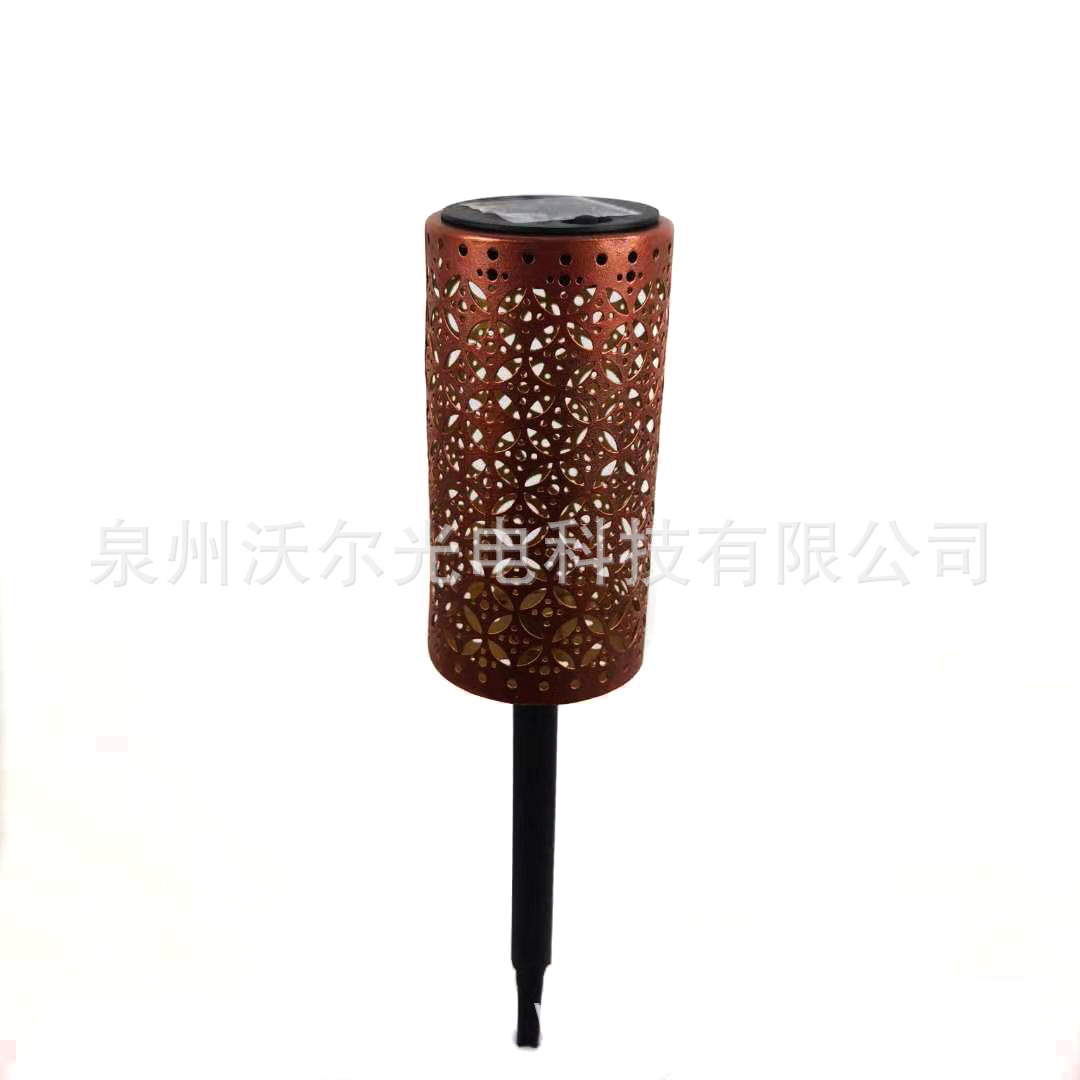 热销LED花园铁艺防水太阳能灯 圆柱形镂空复古地插路灯草坪灯2PCS