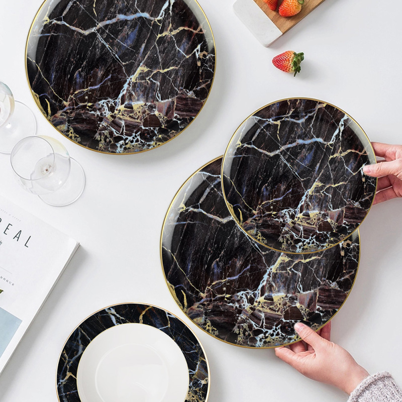 Nordic Simple High-value Black Marble Bone China Dinner Plate Set Hotel Household Tableware Milk Cup Coffee Cup