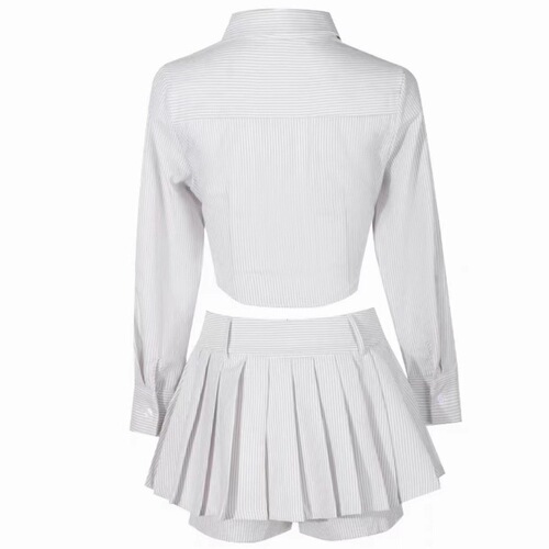 American College Style Striped Long-Sleeve Top Women's Spring Summer Hot Girl High-Waist Pleated Skirt Set of Two