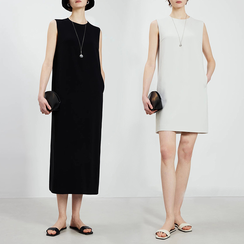 2025夏新款極简风进口三醋酸双面乱麻ROW风纸片人无袖长&短连衣裙