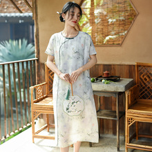 新中式女装夏季新款苎麻改良旗袍中国风短袖碎花连衣裙高级感茶服