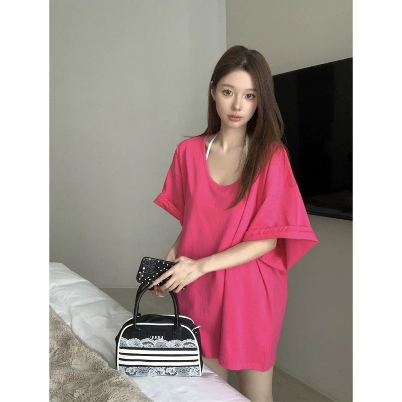 White spring summer long T-shirt, oversize, with short sleeve