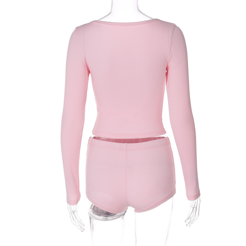 European And American Women's Sexy Low-Cut V-Neck Tight-Fitting Long-Sleeve Top Fashion Sports Style Ultra-Short Pants_ecoleips.com