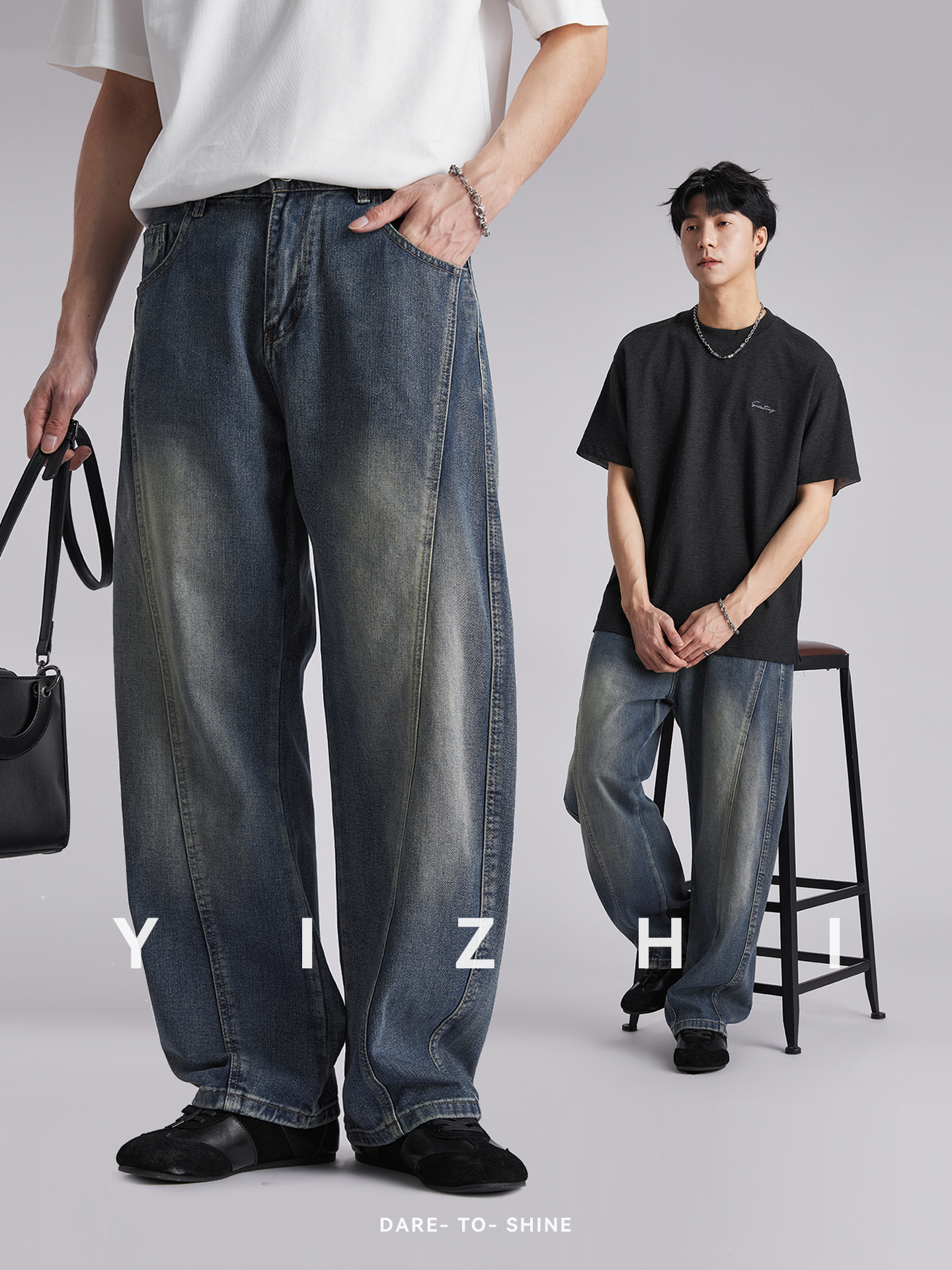 Quần jean nam ống rộng phong cách Mỹ, vải denim mềm mại thoáng mát — đen