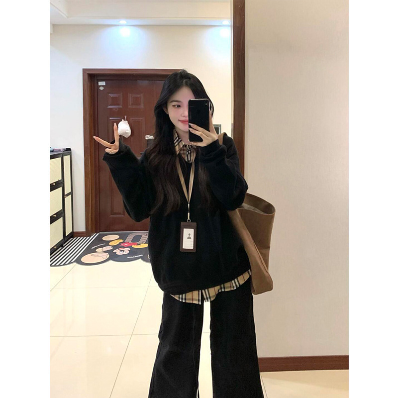美式高街oversize黑色撞色假两件卫衣女秋慵懒长袖上衣外套|undefined