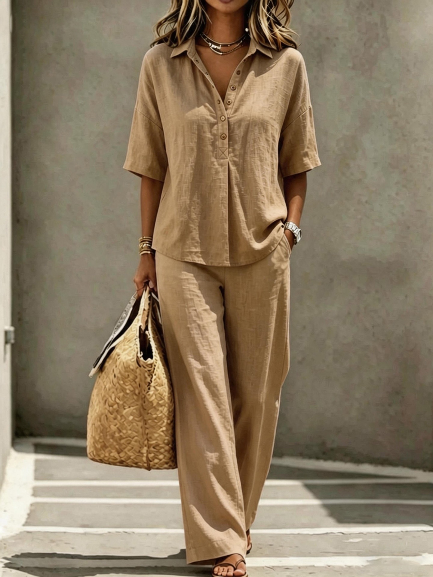 Women's Clothing Casual Loose Polo Collar Top Wide Leg Pants Two Piece Set_ecoleips.com