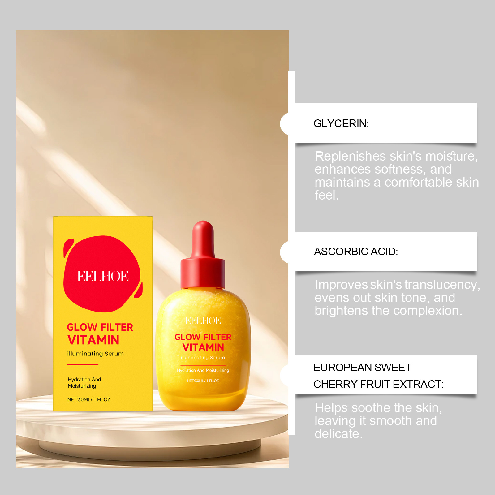 EELHOE Vitamin Essence Liquid Hydrating Nourishing Brightening Facial Skin Moisturizing Elasticity Skin Care Serum