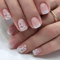 Short Square White Flower Gentle Gradient Fairy Fashion Versatile Whitening False Nails Finished Nail Wear Wholesale