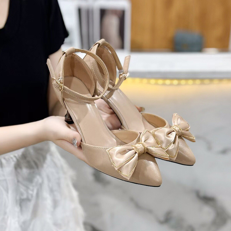Sandal cao gót nữ da thật mũi nhọn gót mảnh phối váy — Màu đen