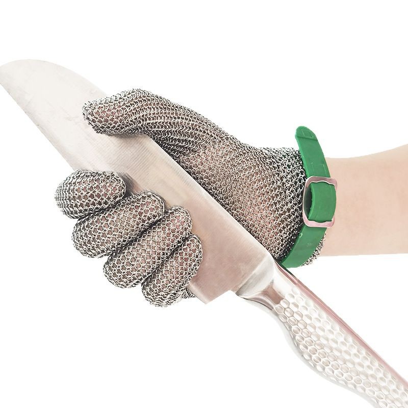 En stock de metal anti-corte de acero inoxidable guantes de hierro anti-corte de hueso máquina de aserrar peces matando guantes de anillo de acero de cinco dedos de corte