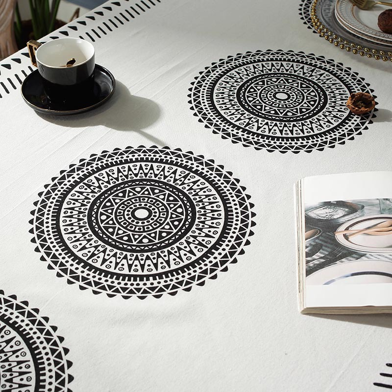 Nappe De Table Basse Rectangulaire À Imprimé Mandala Bohème Avec Gland Noir display picture 5