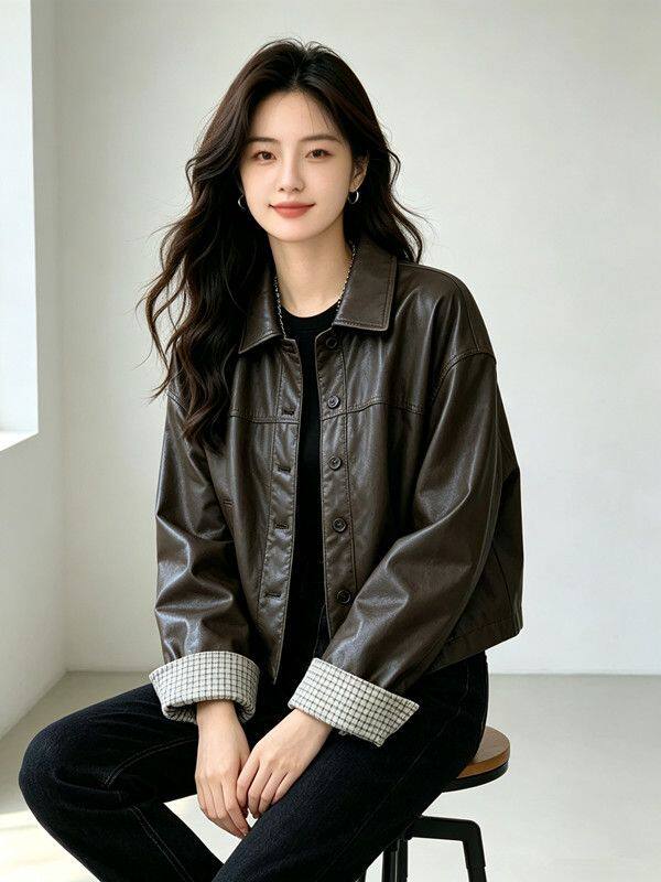 Áo khoác da PU nữ dáng ngắn cổ bẻ, phong cách Hàn Quốc, thời trang casual, dáng rộng, dễ phối đồ, retro, mùa thu — Màu nâu cà phê, màu đen chi tiết 6