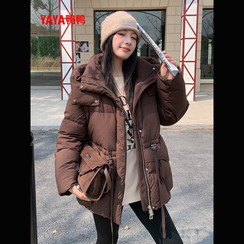 Duck Duck Korean Version 2025 Winter New Brand Mid-Length down Jacket for Women, Casual Thickened Waist-Cinching Hooded Warm