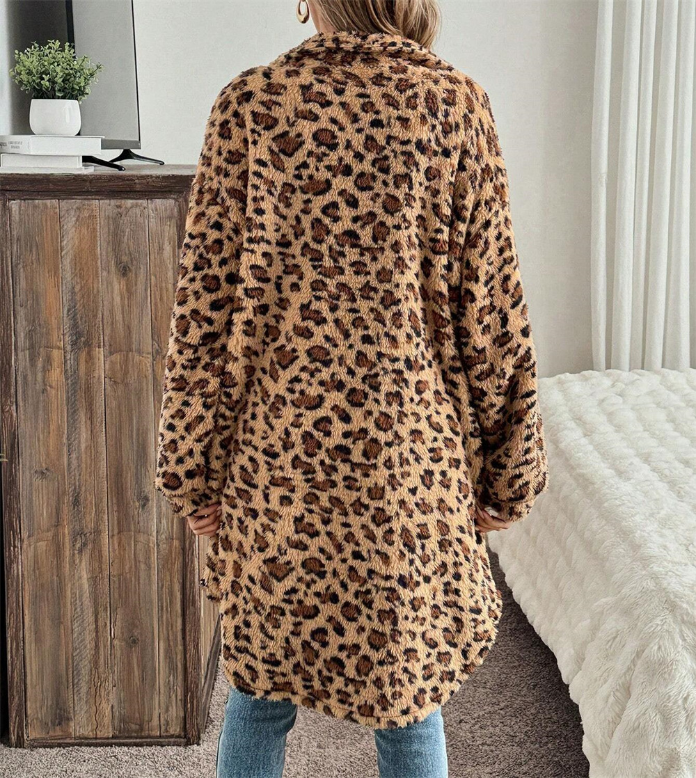 ​​Women’s Oversized Leopard Print Trench Coat – Long Sleeve Button-Up Polyester Windbreaker, Streetwear Fashion For Fall & Winter​​_voghion.com